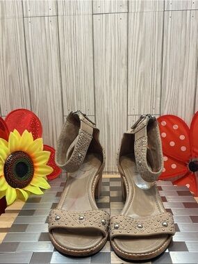 Frye Beige Studded Ankle-Strap Heeled Sandals